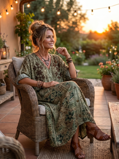 Aleta | Vestito midi oversize con bottoni frontali e ricami, tasca oversize