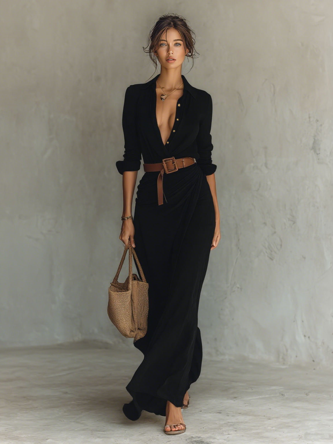 Vestito lungo maxi da donna con colletto a revers e maniche lunghe