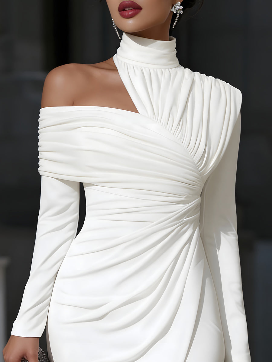 Vestito da sera monospalla drappeggiato asimmetrico con collo alto