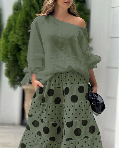 Abby Set di top casual a spalla e pantaloni stampati