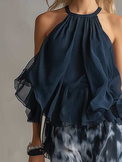 Ludovica – Set elegante in chiffon con top a collo alto e pantaloni palazzo stampati • S1