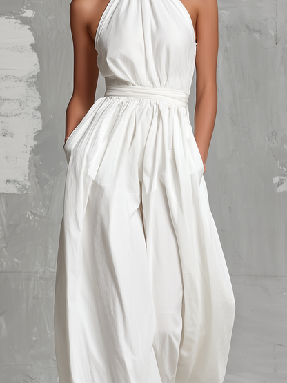 Zoltán | Tuta bianca elegante in tessuto intrecciato, senza maniche, con scollo a halterneck • S1