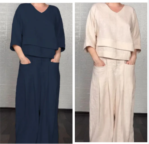 Liza | set da due pezzi in cotone e lino – top con scollo a V e pantaloni a palazzo • S1