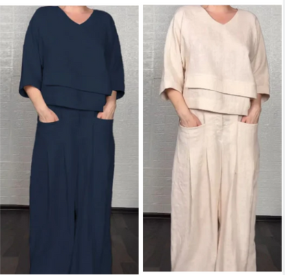 Liza | set da due pezzi in cotone e lino – top con scollo a V e pantaloni a palazzo • S1