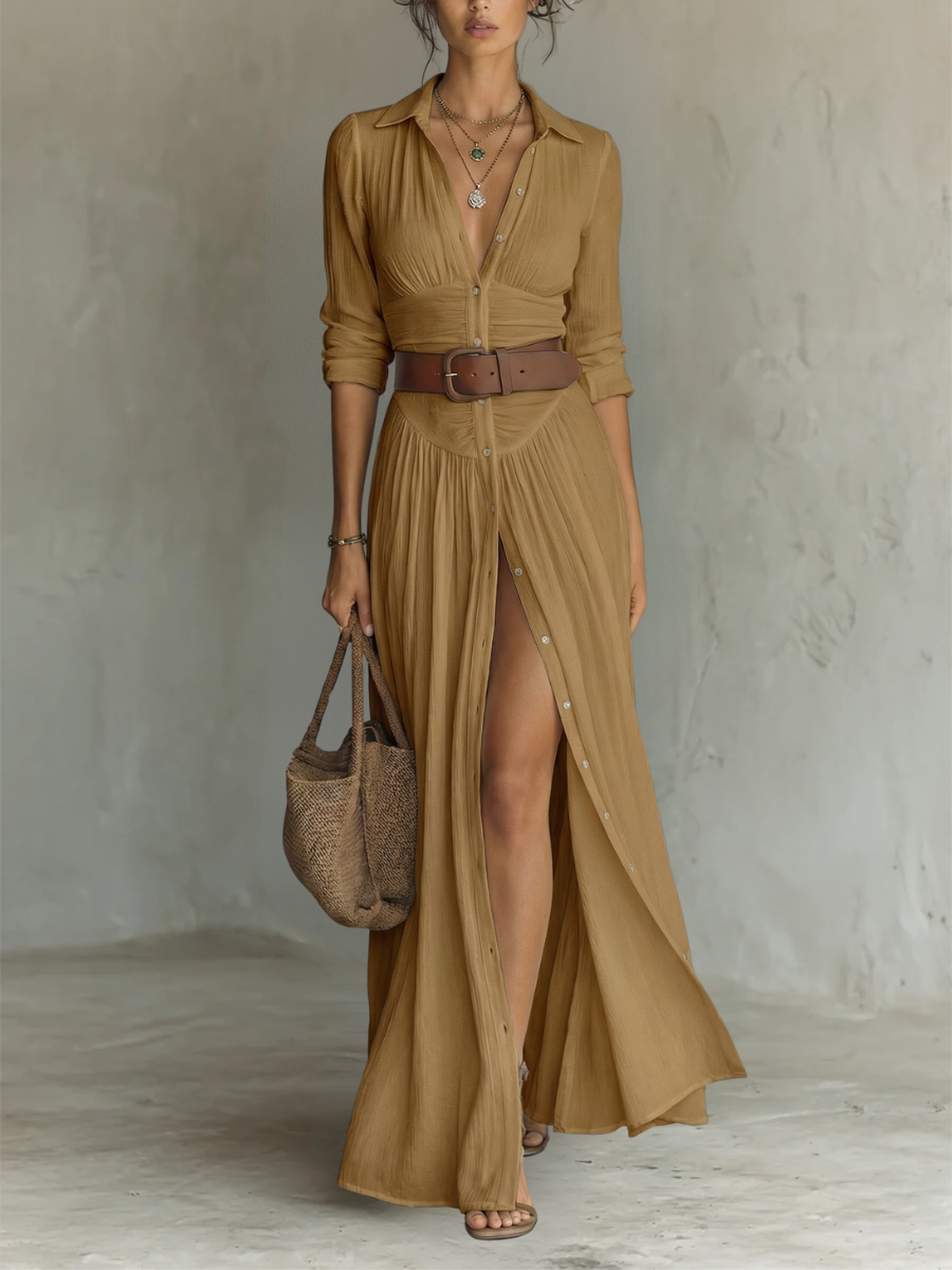 Vestito lungo maxi con colletto a revers e maniche lunghe per donna • S1
