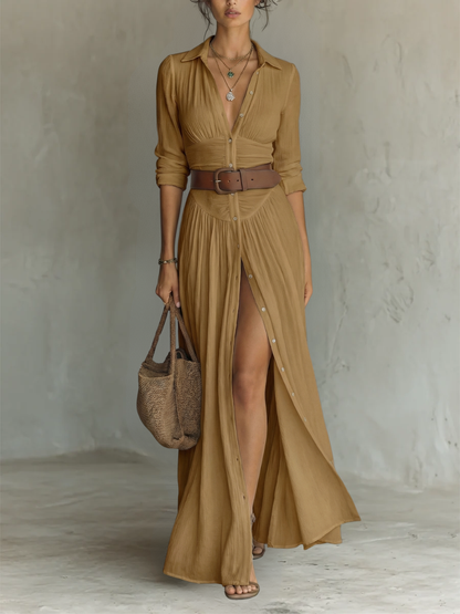 Vestito lungo maxi con colletto a revers e maniche lunghe per donna • S1