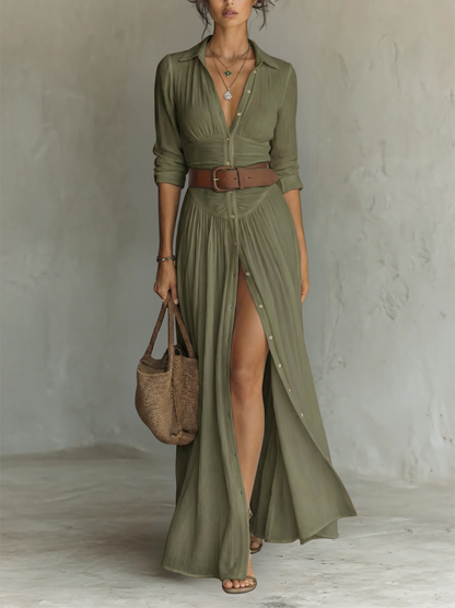 Vestito lungo maxi con colletto a revers e maniche lunghe per donna • S1