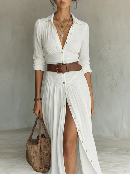 Vestito lungo maxi con colletto a revers e maniche lunghe per donna • S1