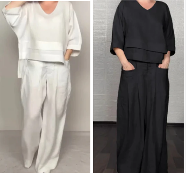Liza | set da due pezzi in cotone e lino – top con scollo a V e pantaloni a palazzo • S1