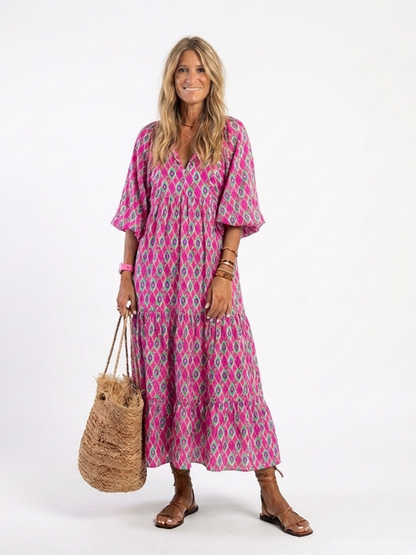 Apolline | Vestito midi con maniche a tre quarti, scollo a V e motivo stampato