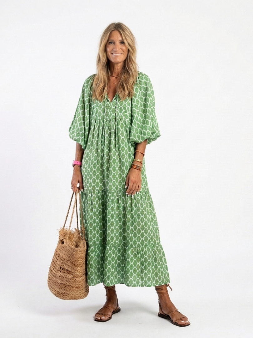 Apolline | Vestito midi con maniche a tre quarti, scollo a V e motivo stampato