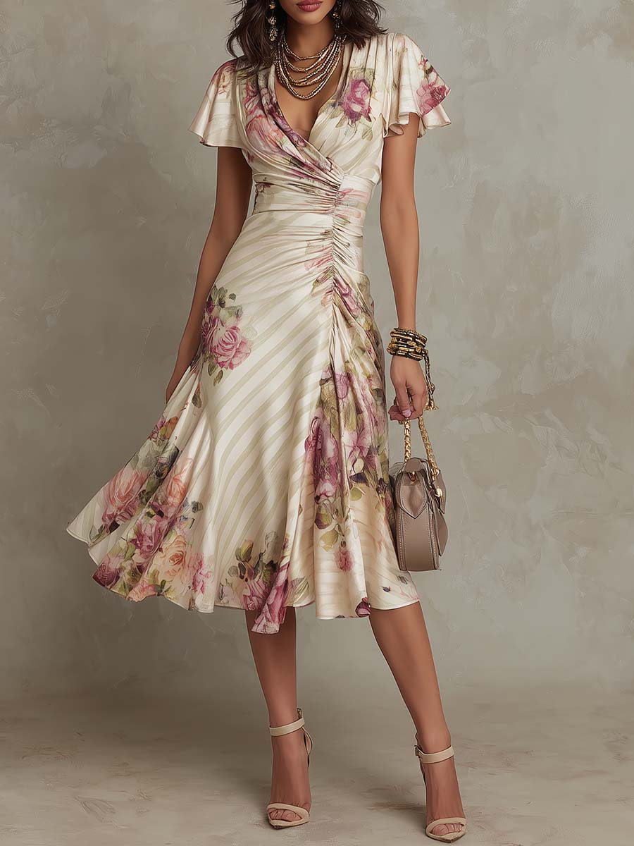 Alba | Elegante abito midi avvolgente con motivo floreale e ruches