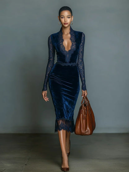 Vestito midi in velluto blu scuro, taglio slim, per donna, elegante e alla moda, con scollo a V e maniche in pizzo