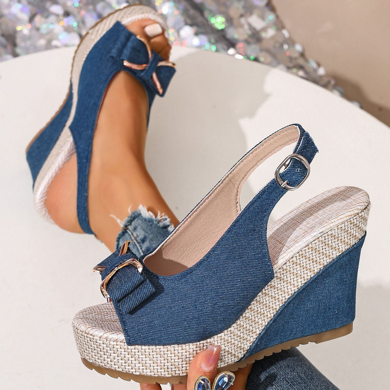 Celeste zeppe in denim con fiocco