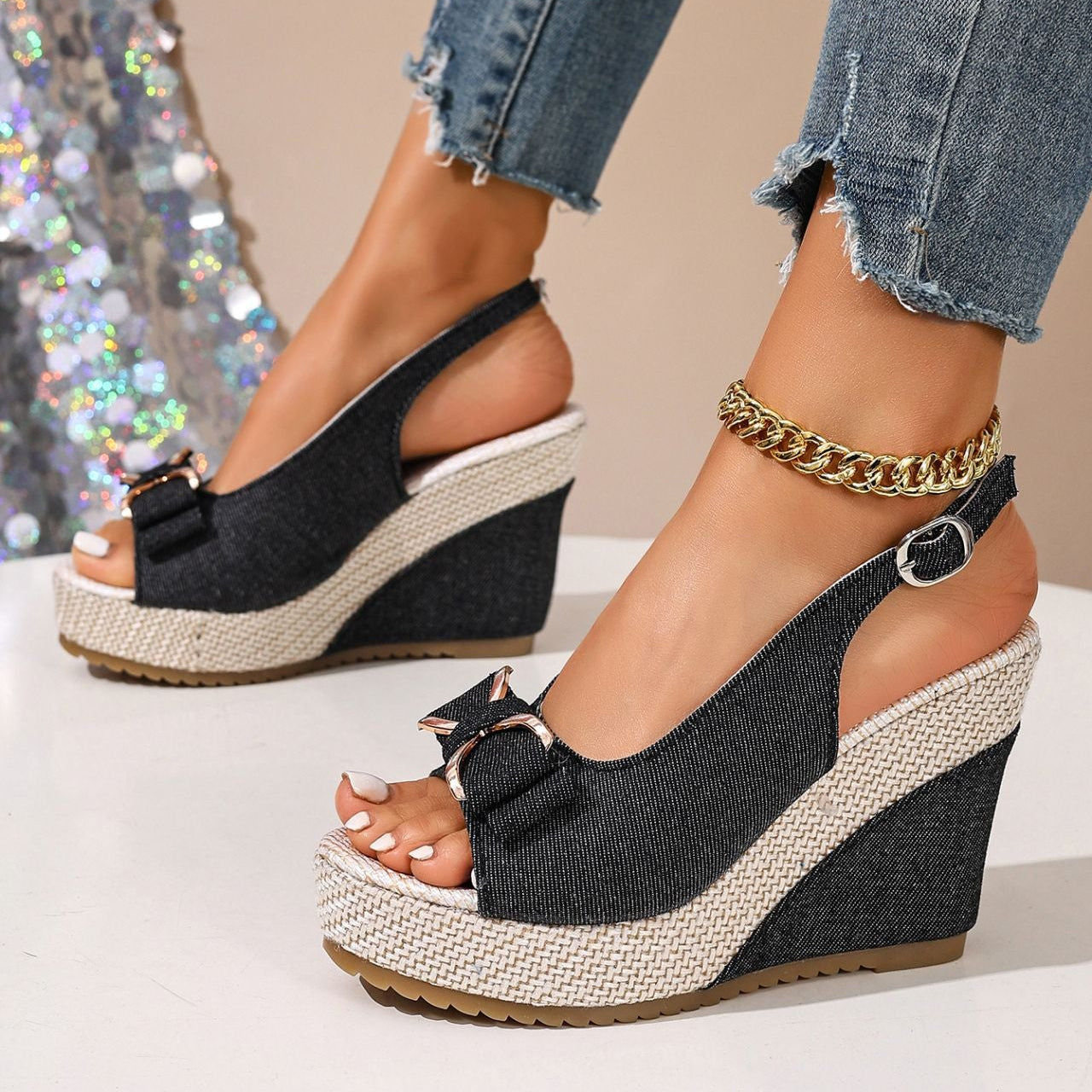 Celeste zeppe in denim con fiocco