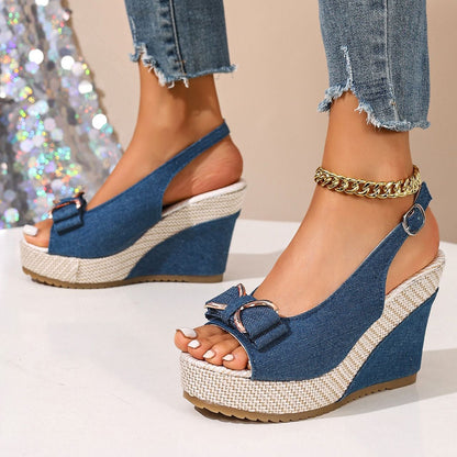 Celeste zeppe in denim con fiocco