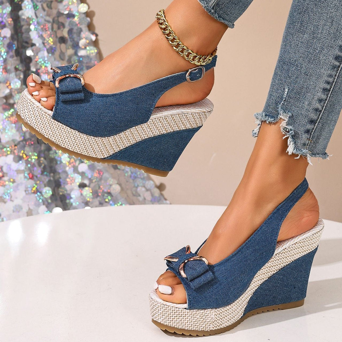 Celeste zeppe in denim con fiocco