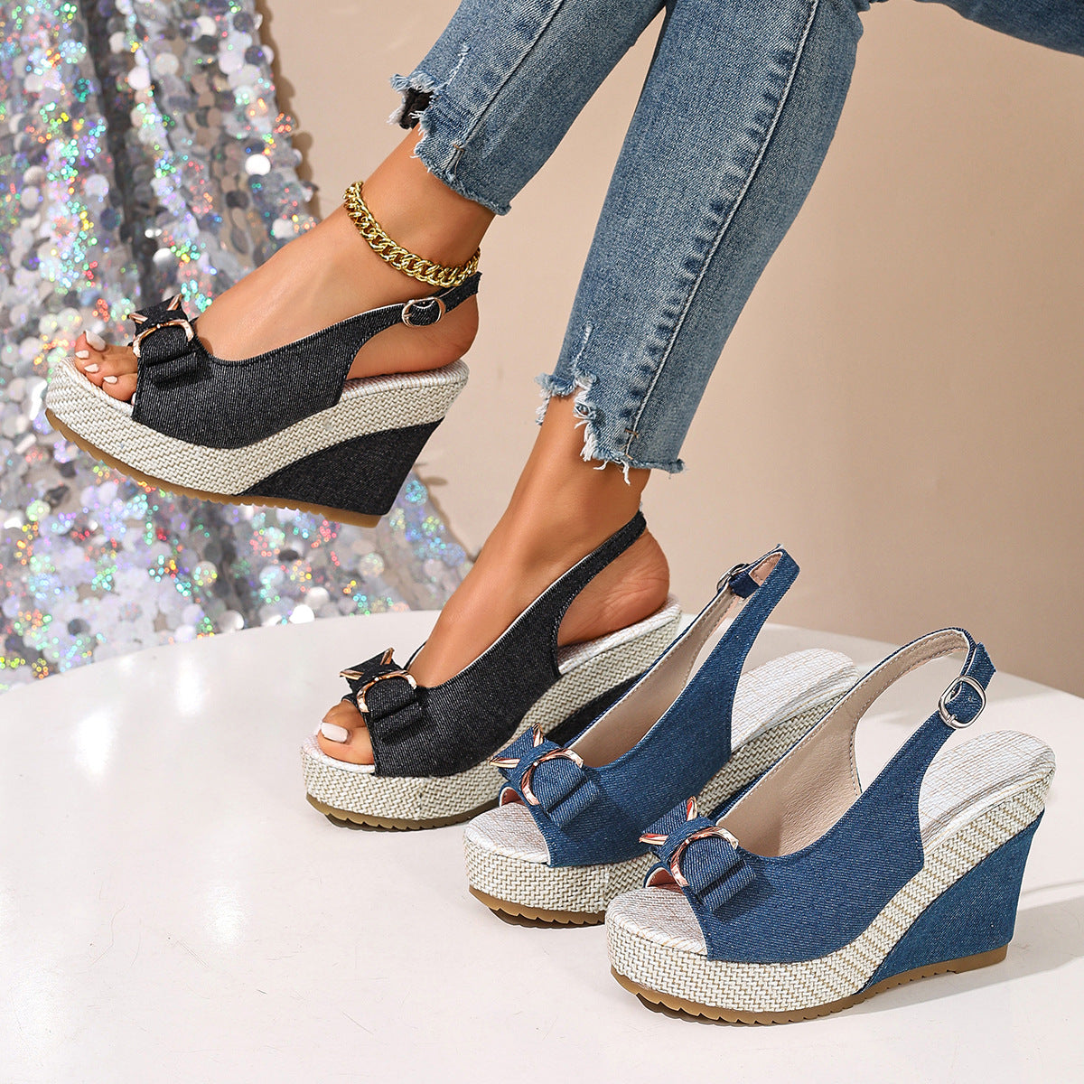 Celeste zeppe in denim con fiocco