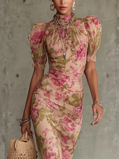 Fiora | Abito lungo romantico in rosa vintage con maniche a sbuffo