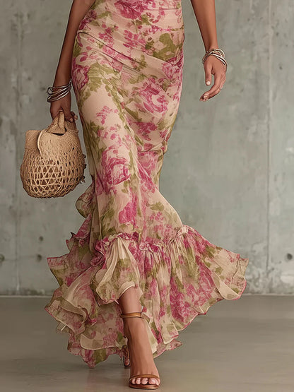 Vestito lungo con stampa di rose vintage e maniche a sbuffo (accessori non inclusi)