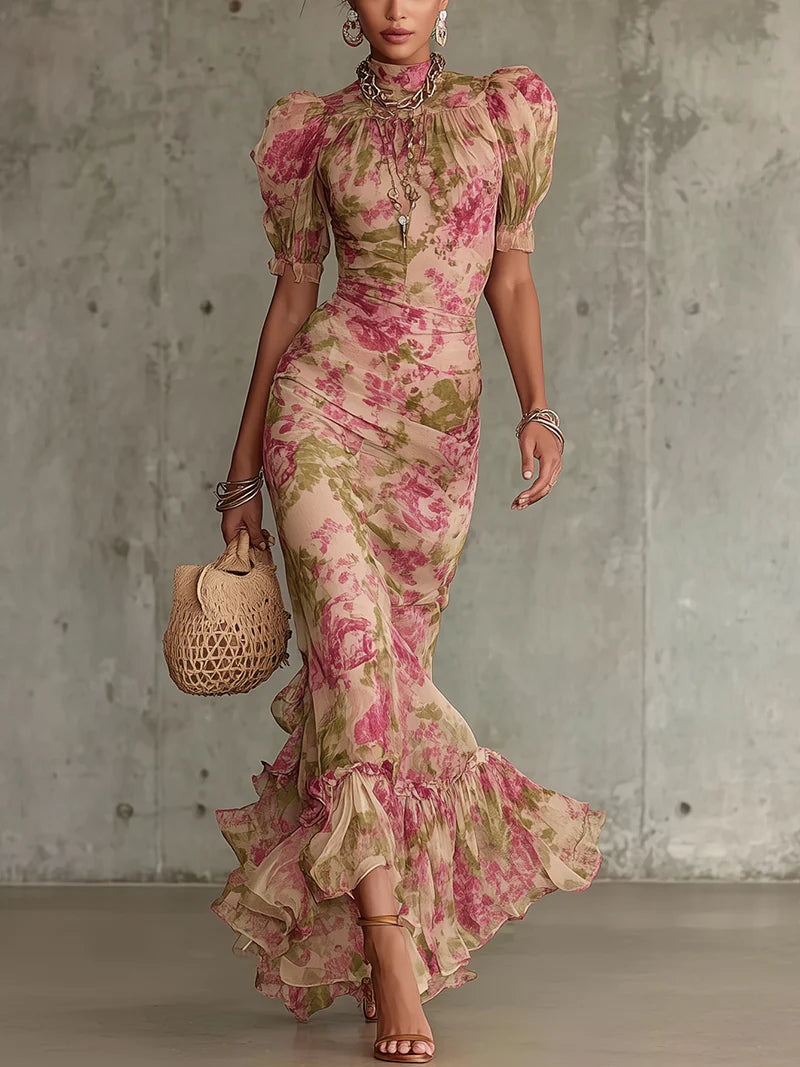 Fiora | Abito lungo romantico in rosa vintage con maniche a sbuffo