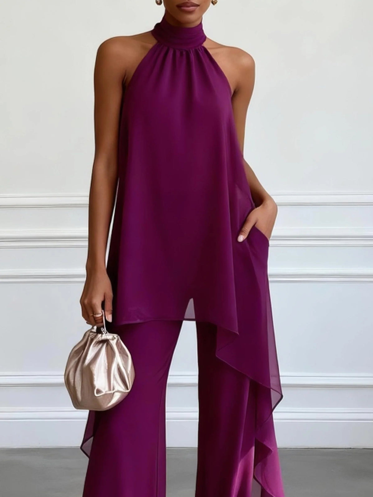 Set due pezzi viola: top elegante senza maniche con collo a laccio e pantaloni