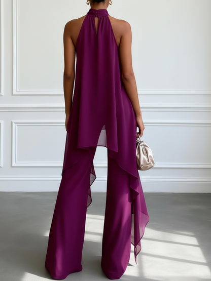 Set due pezzi viola: top elegante senza maniche con collo a laccio e pantaloni