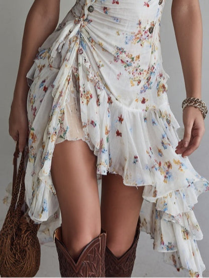 Vestito corto floreale retrò con scollo a V e spalline sottili