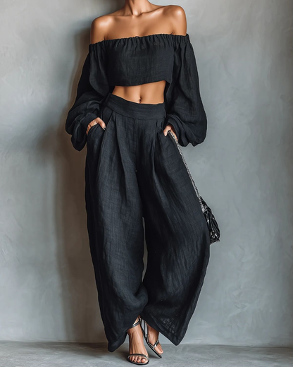 Aisha | Top in lino misto senza spalline e set con pantaloni a gamba larga