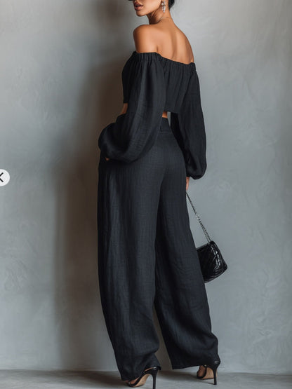 Aisha | Top in lino misto senza spalline e set con pantaloni a gamba larga