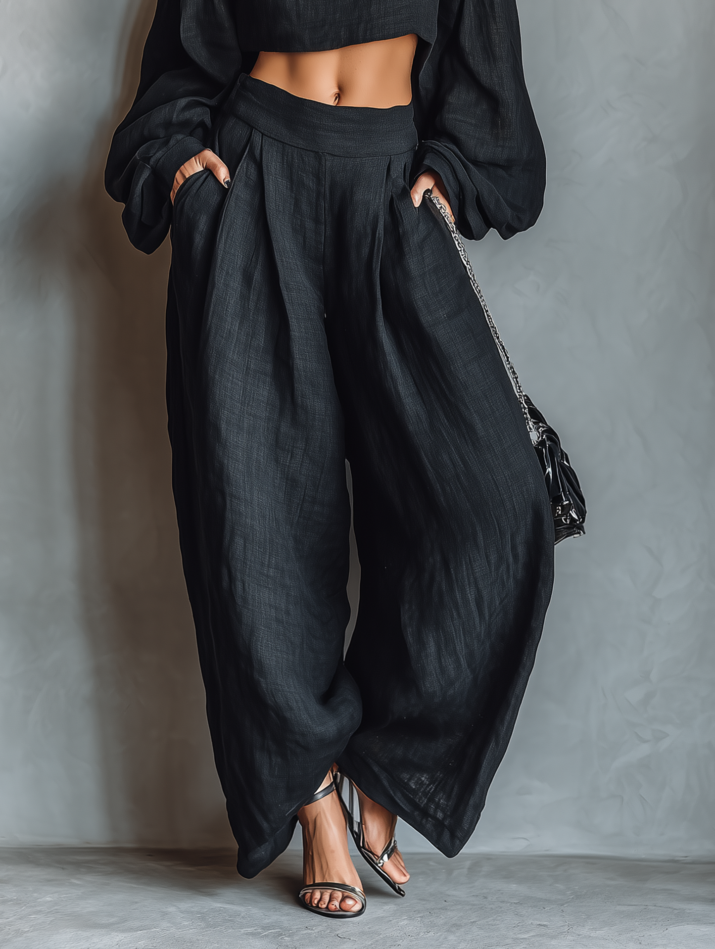 Aisha | Top in lino misto senza spalline e set con pantaloni a gamba larga