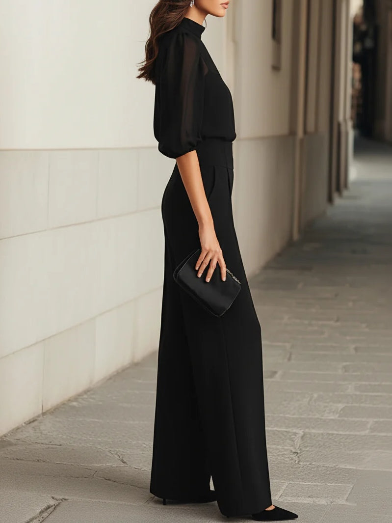 Valentina • Completo nero da tre pezzi con top trasparente in stile camisole e pantaloni a gamba larga • S1