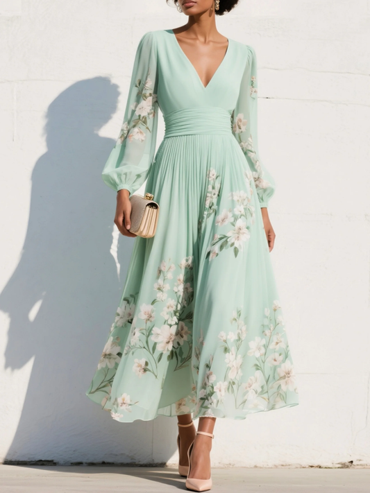 Vestito lungo in chiffon plissettato verde menta con stampa floreale per donna