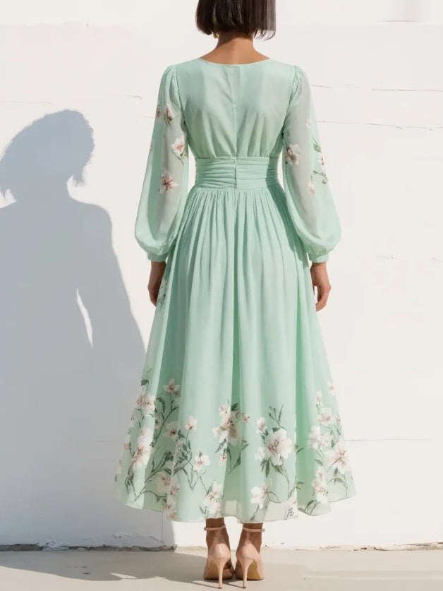 Vestito lungo in chiffon plissettato verde menta con stampa floreale per donna