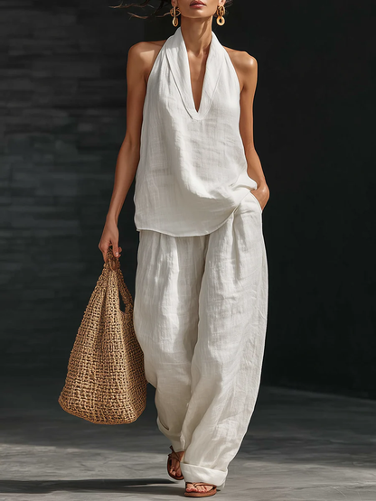 Amelia | Completo di top con scollo a V in lino sintetico e pantaloni a palazzo