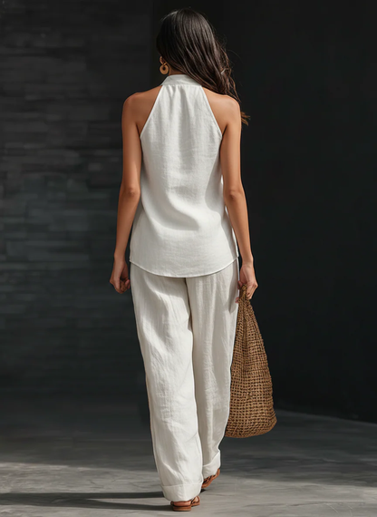 Amelia | Completo di top con scollo a V in lino sintetico e pantaloni a palazzo