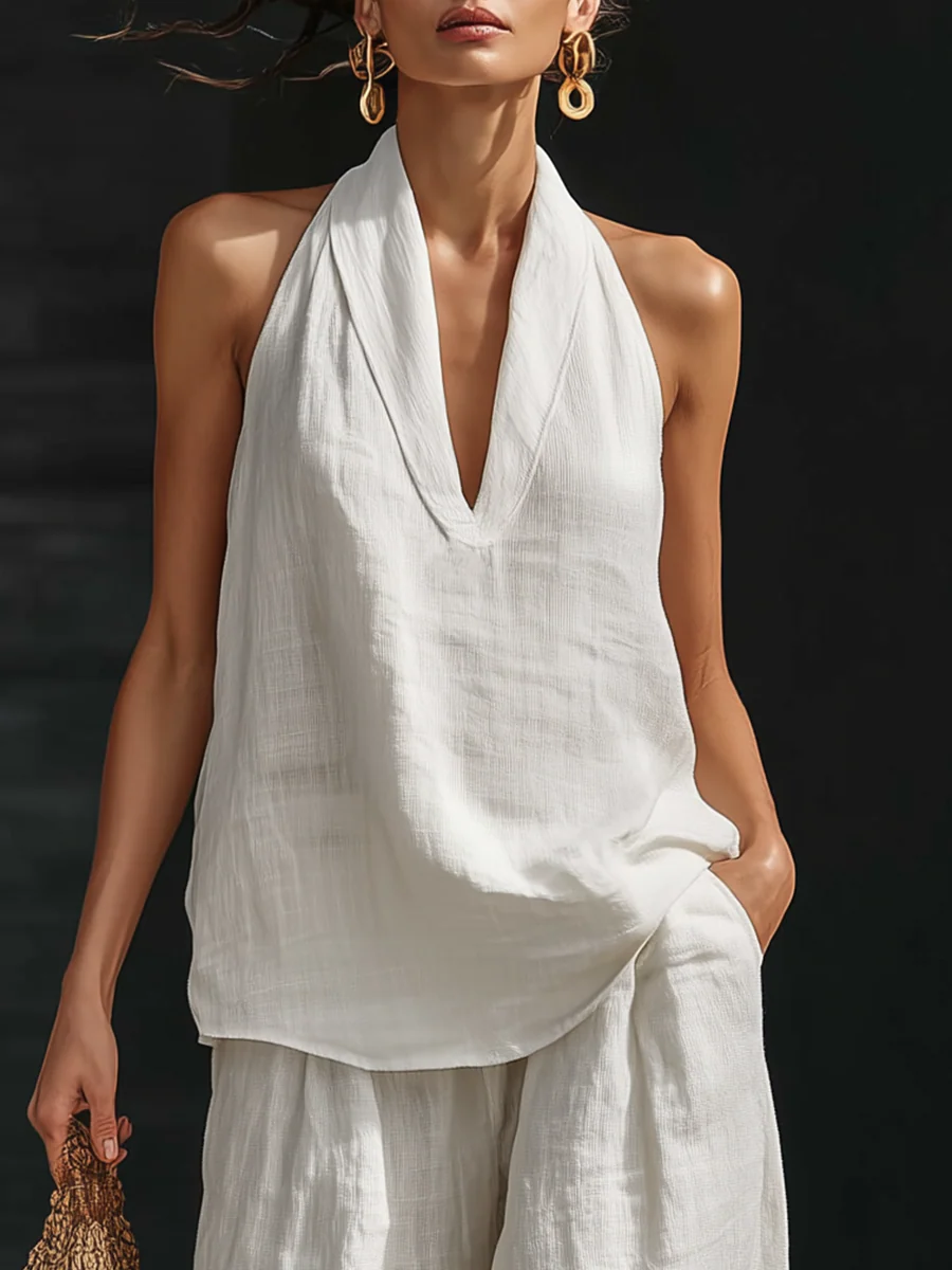 Amelia | Completo di top con scollo a V in lino sintetico e pantaloni a palazzo