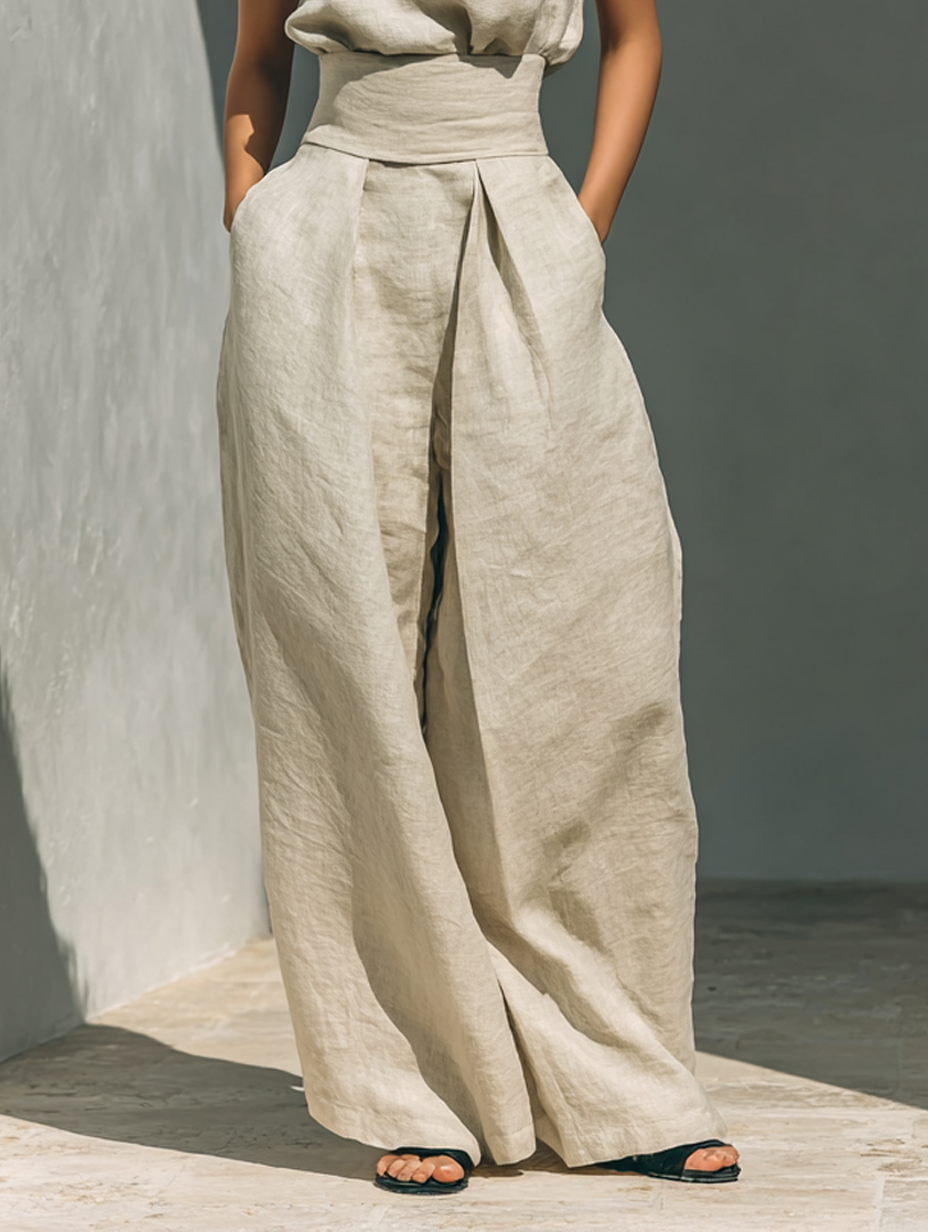 Aurora | Set coordinato beige comodo senza maniche con pantaloni a gamba ampia