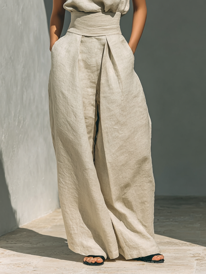 Aurora | Set coordinato beige comodo senza maniche con pantaloni a gamba ampia