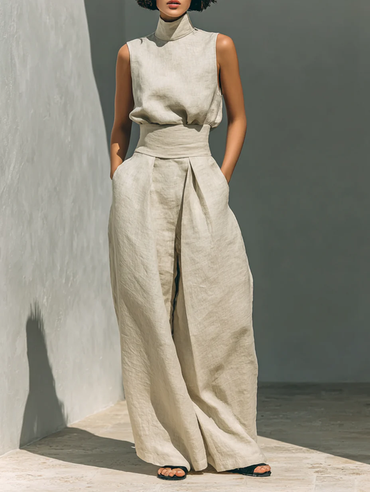 Aurora | Set coordinato beige comodo senza maniche con pantaloni a gamba ampia