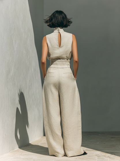 Aurora | Set coordinato beige comodo senza maniche con pantaloni a gamba ampia