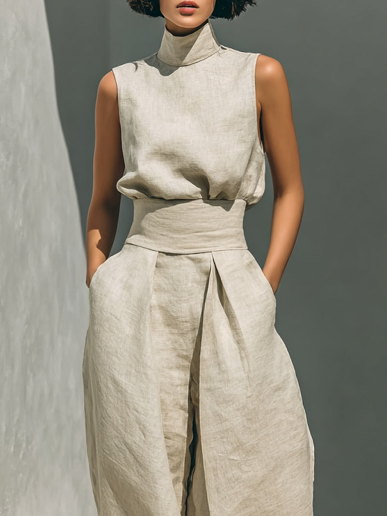 Aurora | Set coordinato beige comodo senza maniche con pantaloni a gamba ampia