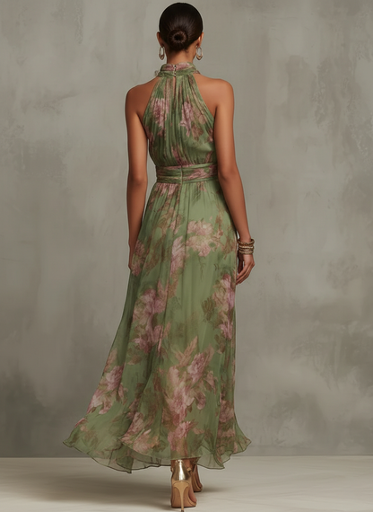 Serena — Abito lungo in chiffon floreale con scollo a halter