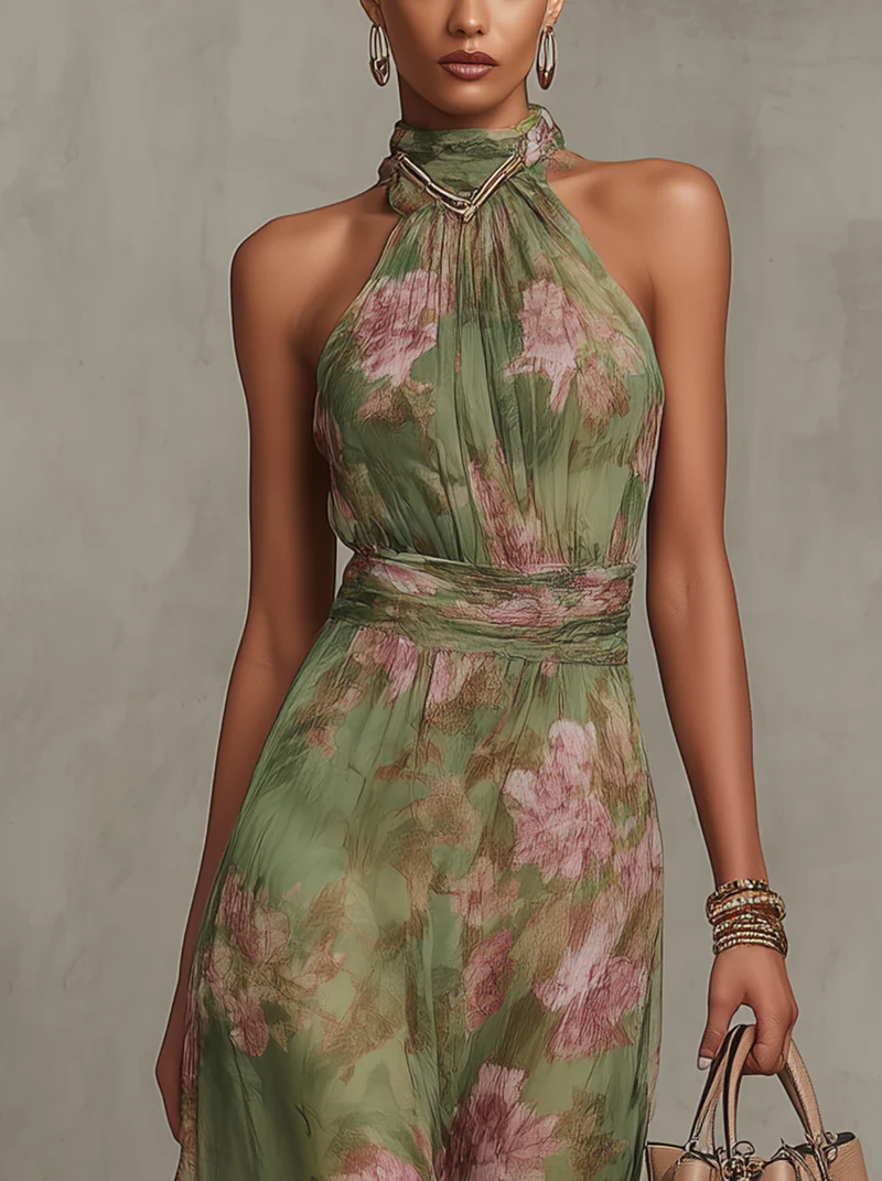 Serena — Abito lungo in chiffon floreale con scollo a halter