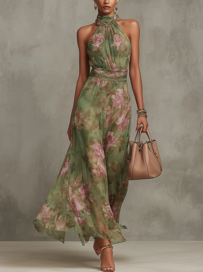 Serena — Abito lungo in chiffon floreale con scollo a halter