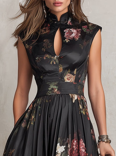 Violetta - Abito midi nero in satin plissettato con motivo floreale e scollo a chiave