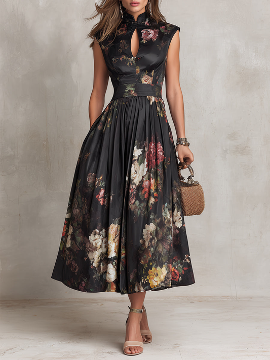 Violetta - Abito midi nero in satin plissettato con motivo floreale e scollo a chiave