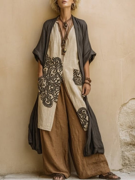 Giulia - Set da tre pezzi bohemiano nomade in grigio scuro e marrone con motivo tribale