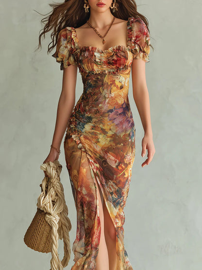 Viola | Abito lungo in chiffon arancione con stampa in stile pittura ad olio bohemien