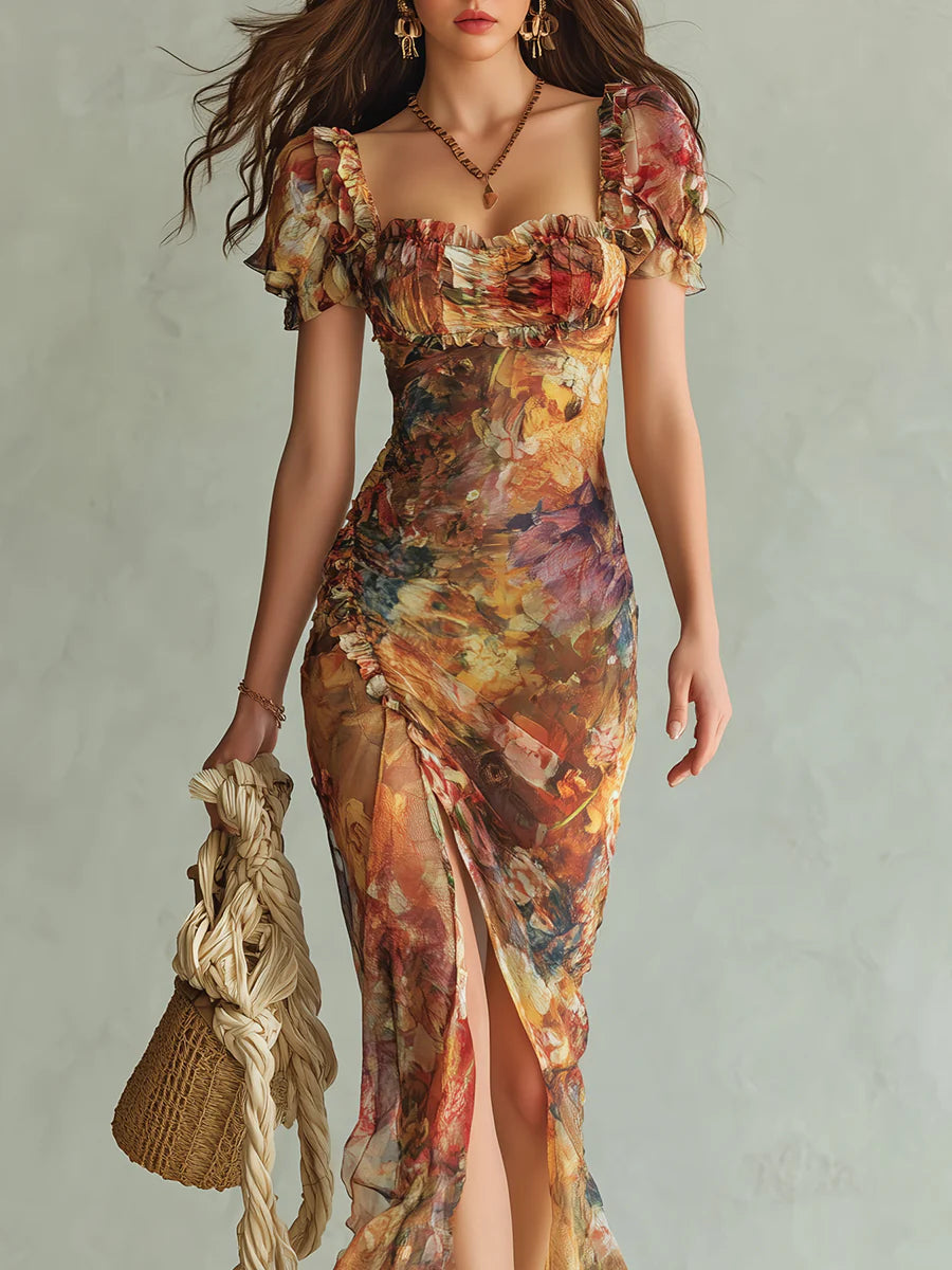 Abito lungo in chiffon arancione con stampa bohemien ispirata a un dipinto ad olio